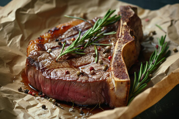 Juicy steak on the bone with rosemary and spices on crumpled blue paper with space for text or inscriptions
