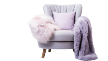 Stylish Light Gray Armchair with Decorative Pink Pillow and Furry Throw on Transparent Background