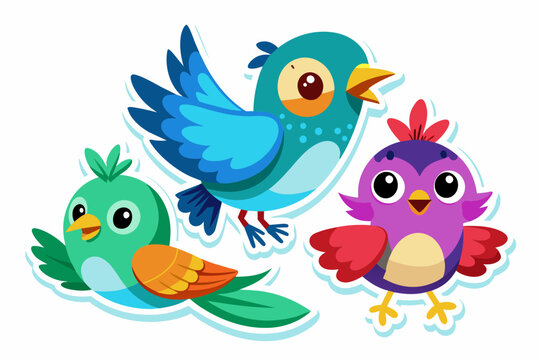  Birds stickers for kids on white background, vector art illustration