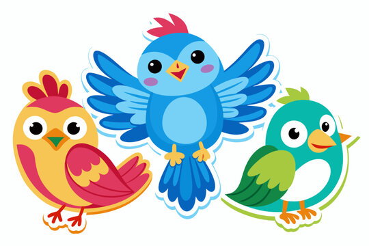  Birds stickers for kids on white background, vector art illustration