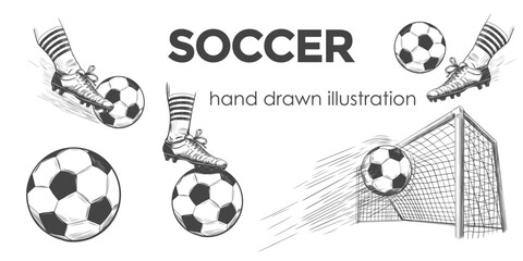 Black and white monochrome football soccer balls set. Vintage Engraving Balls collection isolated on white background. Sketch style. © Julisart