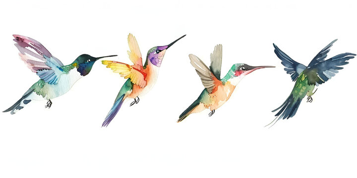 Watercolor hummingbirds collection hand painted watercolor Watercolor spring bird collection.AI Generative