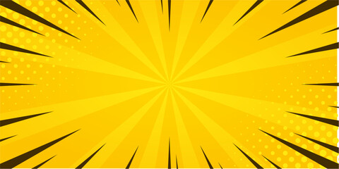 Pop art yellow comic background with sun burst and dot halftone. Cartoon retro pattern strips. Vector halftone illustration. Vintage backdrop for comic superhero text, speech bubble, message.