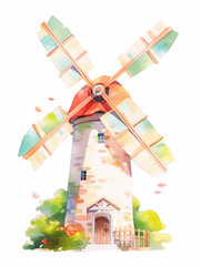 Windmill watercolor on white background