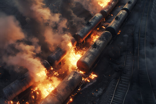 Burning train tank cars with fuel or gas, train accident with hazardous materials, top view
