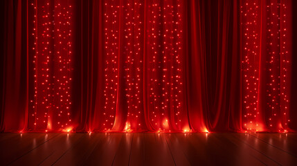 Christmas string lights curtain decoration background with red curtains