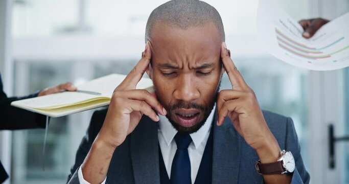 Businessman, stress and hands for multitasking in office with phone call or paperwork, overwhelmed or headache. Male person, people and time management with fatigue migraine, frustrated or workflow