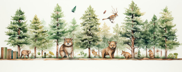 Vibrant painting depicting forest teeming with animals, birds. Squirrels playfully chase each...