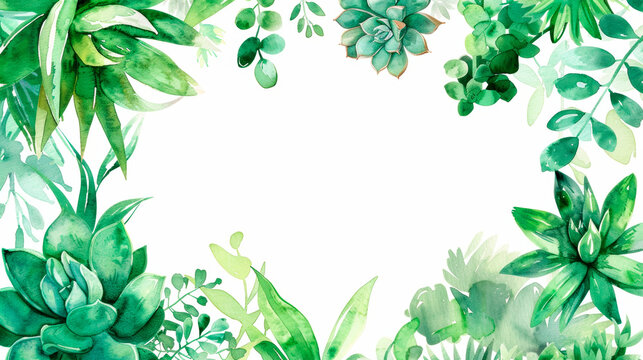A vibrant watercolor painting depicting a harmonious blend of various shades of green plants and leaves, creating a lush and serene natural composition. Banner. Copy space