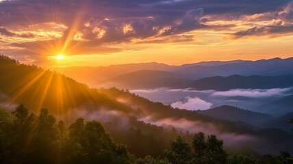 a beautiful sunrise in the smoky mountains, AI Generative