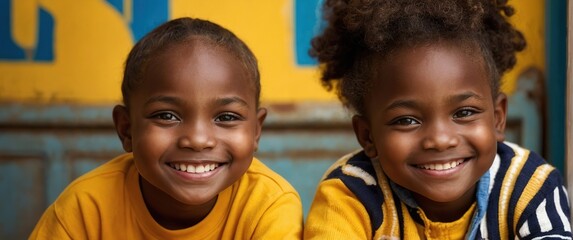 National siblings Day. Black children smiling happily. - obrazy, fototapety, plakaty