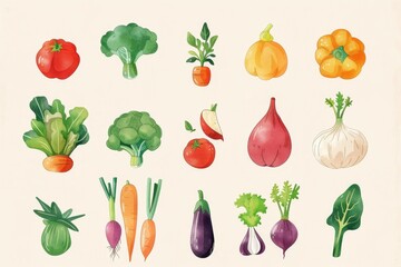 Colorful hand-drawn vector vegetables on white background. A collection of various hand-drawn colorful vegetables including broccoli, peppers, and carrots, illustrated on a clean white backdrop