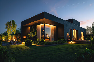 Modern house exterior at night, illuminated lights and green lawn modern architecture style. Minimalist black building with glass windows, steel structure, garden and trees