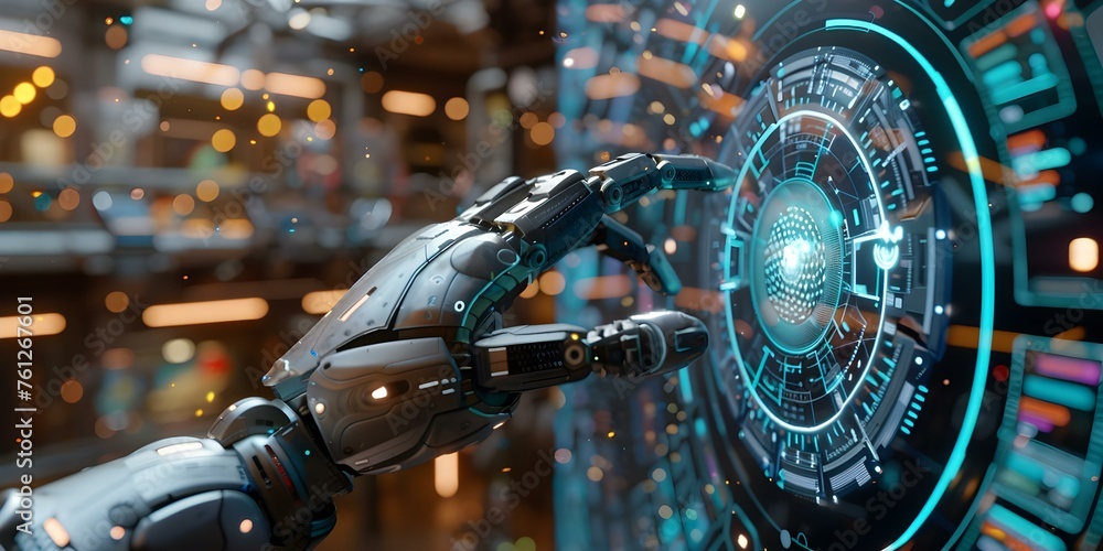 Poster robot arm activates digital shield for cyber protection in advanced tech display. concept cybersecur