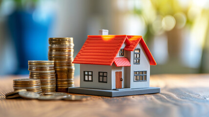 Miniature model home amidst stacked coins, symbolizing investment, savings, and the real estate market, AI Generative.