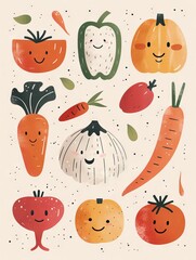 Colorful hand-drawn vector vegetables on white background. A collection of various hand-drawn colorful vegetables including broccoli, peppers, and carrots, illustrated on a clean white backdrop