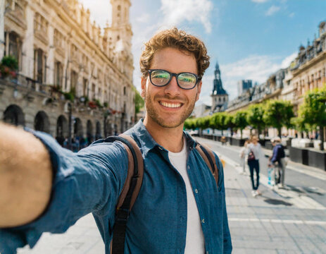 happy handsome man taking selfie with mobile phone tour tourist guy in europe city