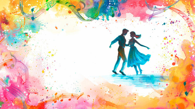 A vibrant painting capturing the essence of a man and woman gracefully dancing together, their movements fluid and synchronized, exuding passion and joy. Banner. Copy space