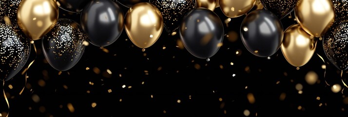 Elegant Black and Gold Balloons with Confetti Celebration