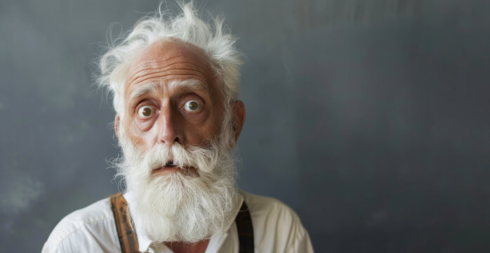 A man with a beard and white hair is looking at the camera with his mouth wide open. He is surprised or shocked