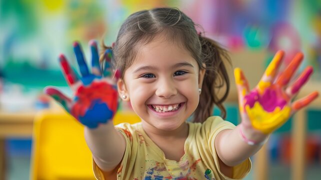 smiley happy preschooler in a classroom holding colourful painted hands, in the style of pont-aven school, human-canvas integration, AI Generative