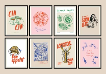 Foto op Plexiglas Minimalist hand drawn food and drink vector illustration collection. Matisse style art. Art for print poster, postcards, branding, logo design, background.  © DesignThatMatters
