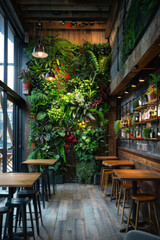 Fototapeta na wymiar A cozy, rustic cafe interior featuring an expansive green living wall with a variety of plants and embedded lighting. Wooden tables and stools provide seating for patrons.