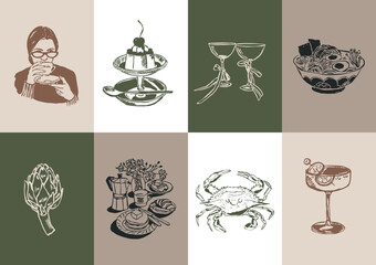 Minimalist hand drawn food and drink vector illustration collection. Art for print poster, postcards, branding, logo design, background. 