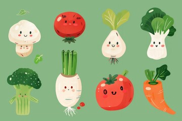 Fototapeta premium Colorful hand-drawn vector vegetables on white background. A collection of various hand-drawn colorful vegetables including broccoli, peppers, and carrots, illustrated on a clean white backdrop
