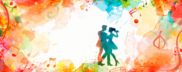 Fototapeta premium A vibrant painting capturing couple gracefully dancing amidst flurry of colorful musical notes. Figures are elegantly intertwined, moving in sync rhythmic melody surrounding them. Banner. Copy space.