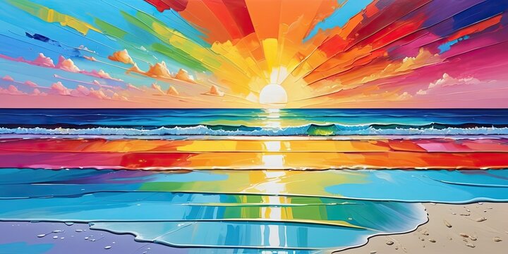 oil painting of colorful beach, sunset over the sea, abstract rainbow background