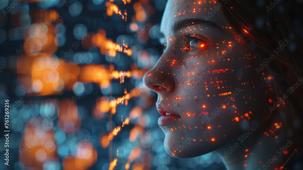 Poster close-up of a woman's face with red digital patterns projected onto it, symbolizing futuristic techn