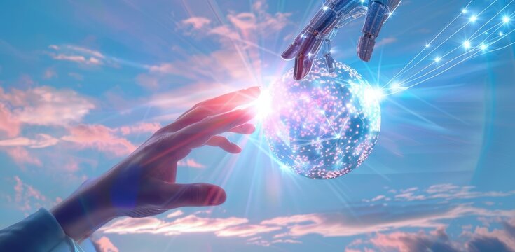 A human hand and robot finger touch each other, digital connections form between them with glowing lines in the air, above is an earth sphere. The background features a blue sky and sunlight, creating
