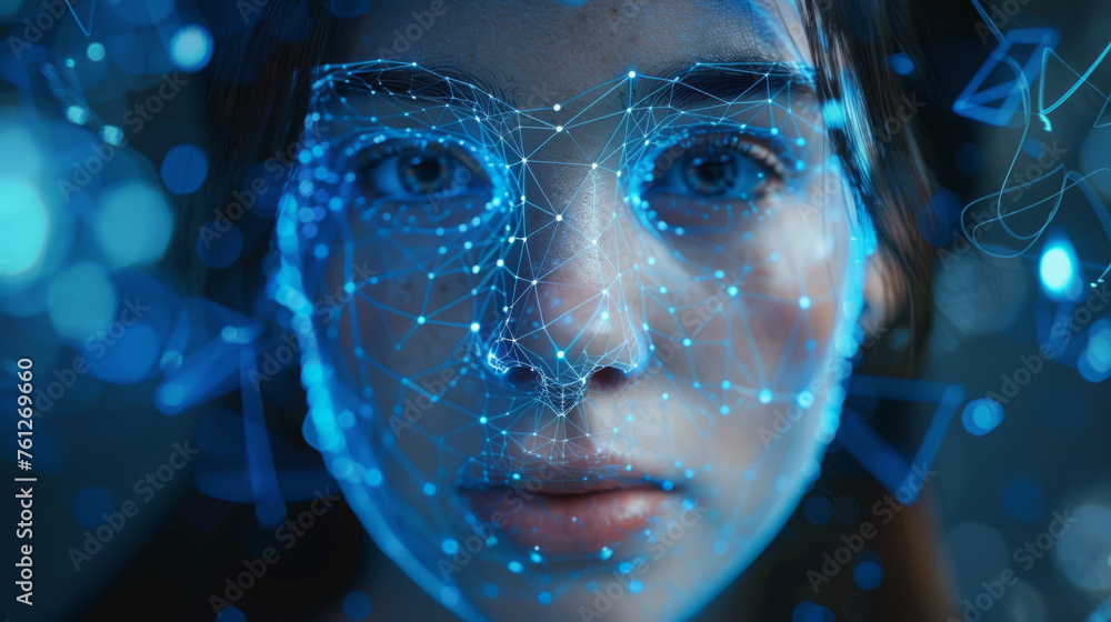 Poster close-up of a woman's face with digital facial recognition mapping overlay, creating a futuristic an