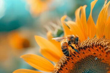 Sunflower with a honey bee with a blue sky on background, pollinates and collects honey - obrazy, fototapety, plakaty