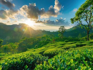 Sunlit scene overlooking Sri Lanka island tea plantation, bright rich color, professional photo