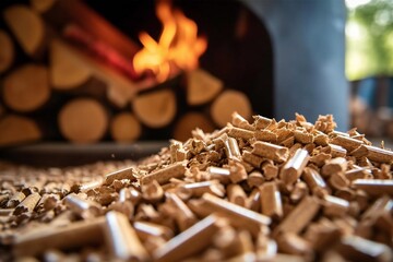 Naklejka na ściany i meble Biomass Wood Pellets with Fire Stove Background