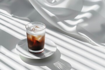 A glass of iced black coffee on white background and Clean composition, minimal style - obrazy, fototapety, plakaty