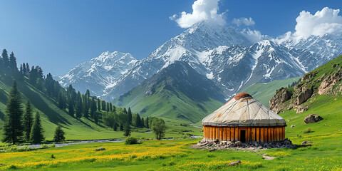 traditional Asian nomadic yurt in field in the highlands against background of mountains