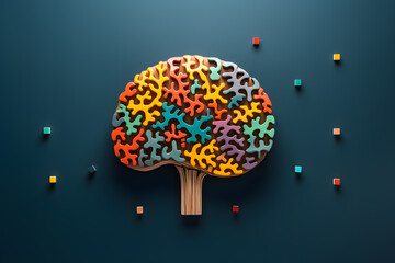 Colorful wooden puzzle of the human brain isolated on  blue background - obrazy, fototapety, plakaty