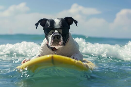 a dog wearing sunglasses riding a surfboard, summer activity