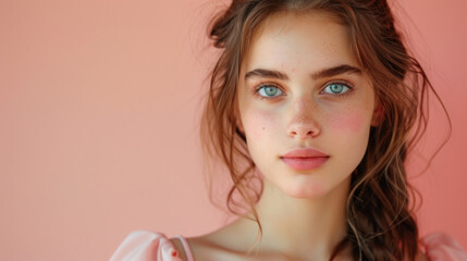 Close-up portrait of a young woman with blue eyes and freckles against a soft pink background. She has a natural look and is gazing directly into the camera.