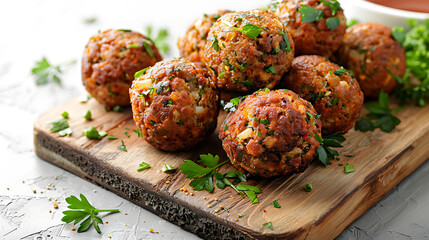 Falafel balls on a wooden cutting board with fresh parsley garnish. Close-up food photography with copy space. Mediterranean cuisine and vegetarian concept design for recipe book, menu, food blog post - obrazy, fototapety, plakaty