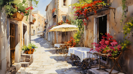 In this watercolor illustration, a narrow street in an ancient, picturesque Mediterranean town impresses with potted flowers, flowering bushes and lanterns that add warmth and coziness to the atmosphe