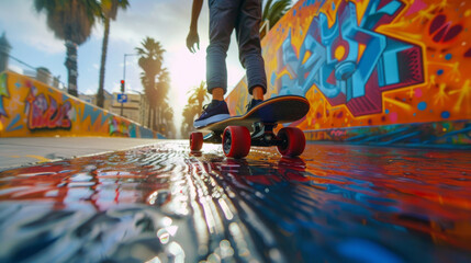 A low angle view capturing a person about to ride a skateboard on a vibrant, graffiti adorned street after rain, with palm trees lining the sunlit horizon.