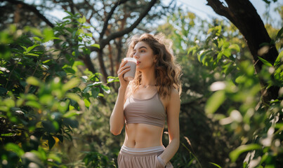 Within the peaceful woodland, a woman sips her milkshake, embraced by the natural beauty of trees and grass. Her face lights up with a smile, and her hand rests comfortably on her waist - 761270603