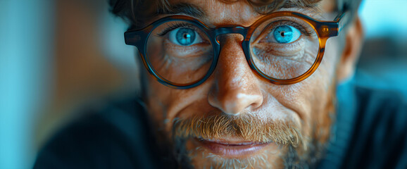 A man with blue eyes wearing glasses. The eyes are open wide and the man's face is wrinkled. full-face close-up of a crazy comic man with blue eyes and skew glasses with crazy smile