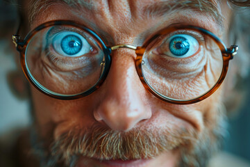 A man with blue eyes wearing glasses. The eyes are open wide and the man's face is wrinkled. full-face close-up of a crazy comic man with blue eyes and skew glasses with crazy smile - obrazy, fototapety, plakaty