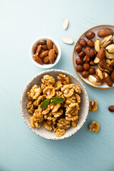 Assorted organic nuts on a table