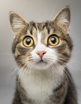 Funny surprised young cat make big eyes closeup.